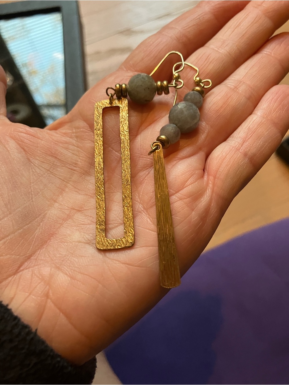 Textured Gold & Gray Bead Drop Earrings